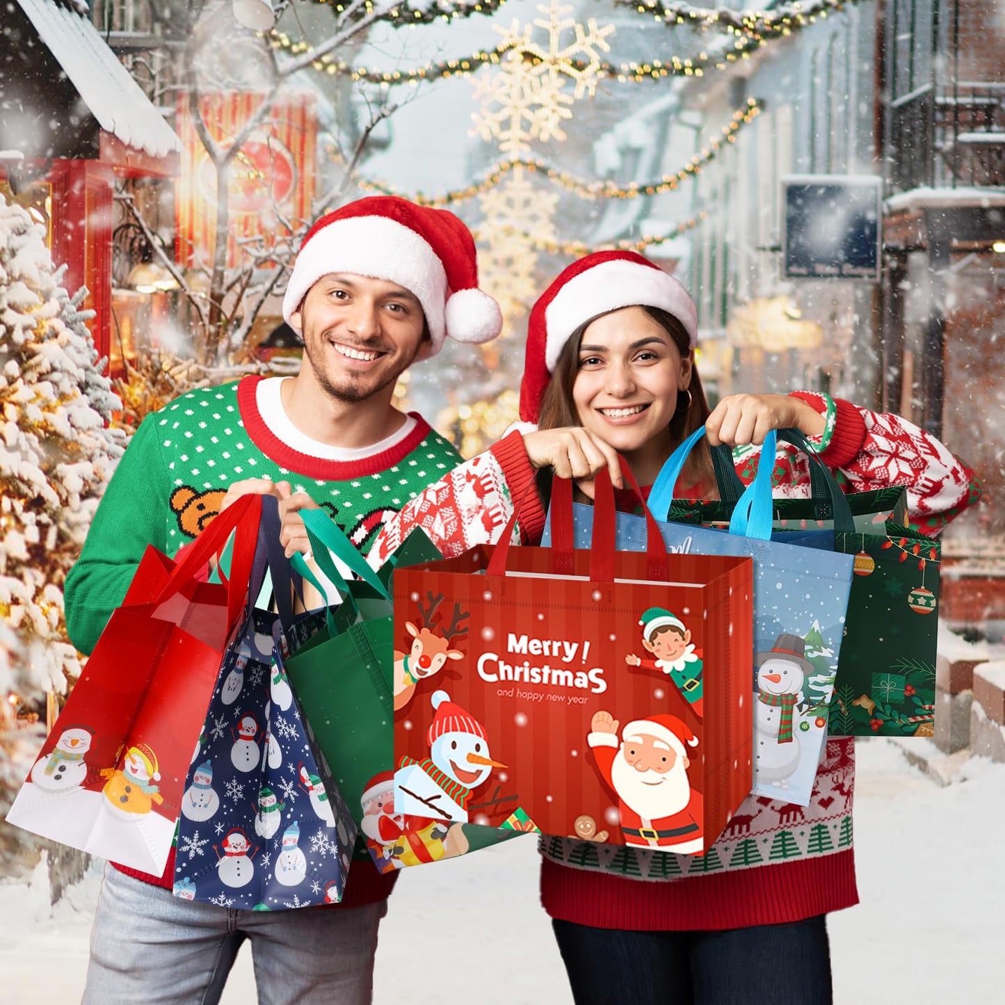 TranquilBliss 16 PCS Christmas Gift Bags, Reusable Holiday Treat Bags with Handles, Christmas Baskets for Gifts Empty, Non-Woven Xmas Party Supplies, 12.8"×9.8"×6.7"