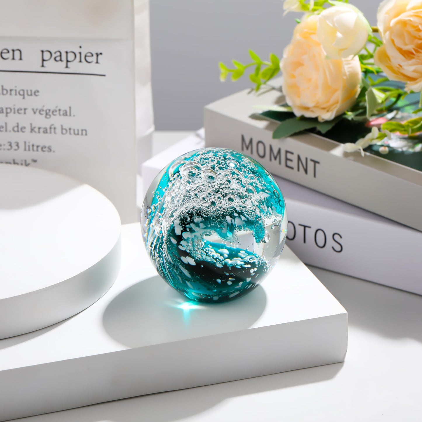 Qianwei Hand Blown Ocean Waves Crystal Ball - Glass Collectible Figurines Spere - Paperweight Glass Ball Aquarium DecorOffice Decor Ocean Lovers