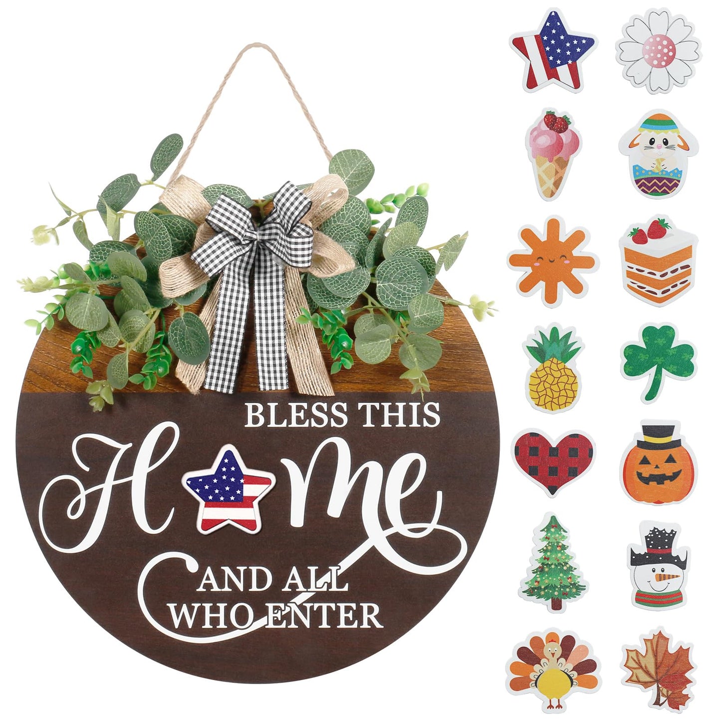 Interchangeable Seasonal Welcome Sign for Front Door, Rustic Round Wood Wreath Wall Hanging Decorations, for Spring Summer Fall Winter All Holiday Halloween Christmas Farmhouse Outdoor Home Decor