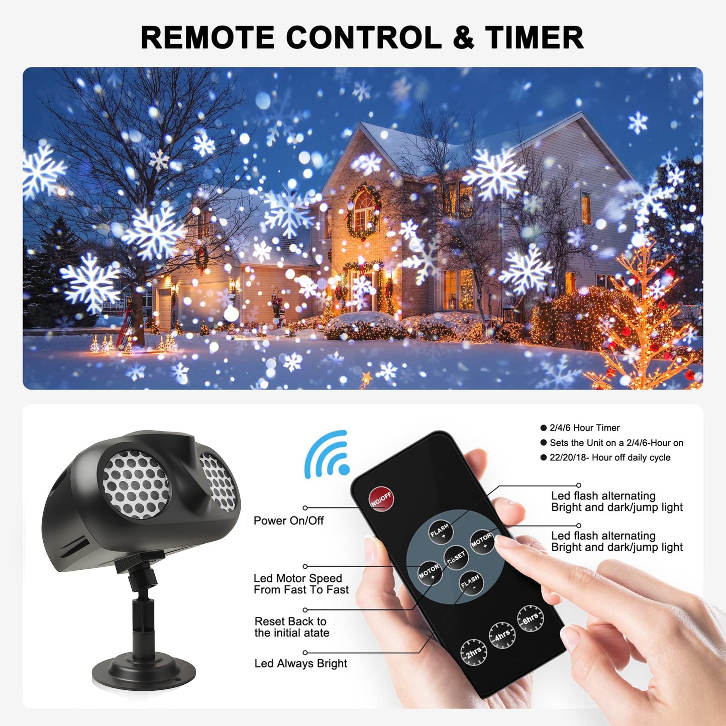 Snowflake Projector Light, Outdoor Christmas Projection Lights with Remote, IP65 Waterproof Moving Dynamic Snow Flakes for Winter Wonderland Yard Decor, Xmas, New Year, Parties, Weddings