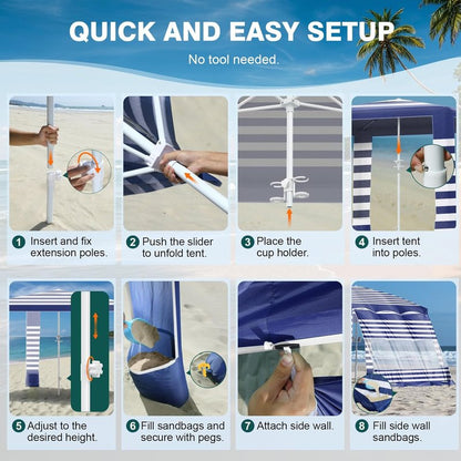 Beach Cabana Tent - 8x8FT UPF50+ Sun Protection | Easy Setup, Wind Resistant, Compact Blue Stripes