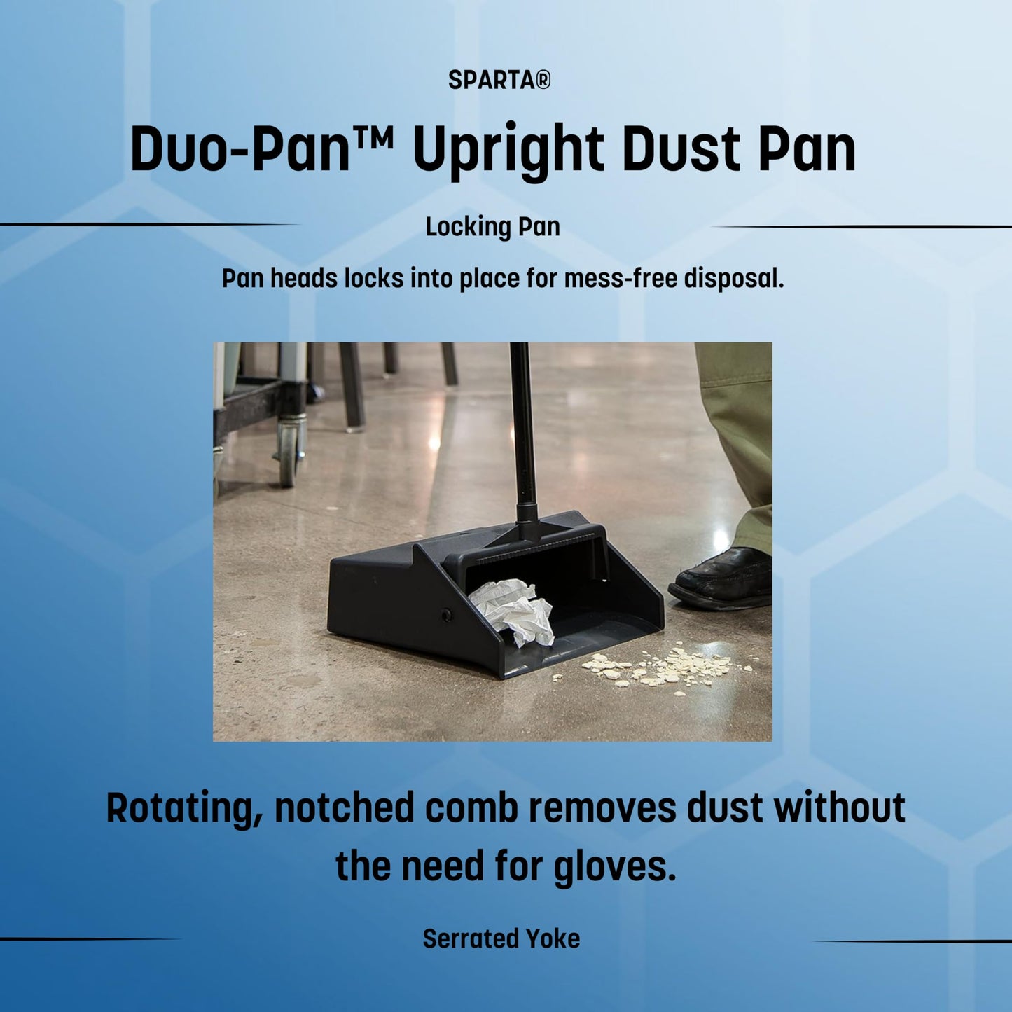 Carlisle FoodService Products Duo-Pan Upright Dust Pan with Serrated Yoke for Home, Restaurants, Kitchen, Lobby, And Office, Plastic, 30 Inches, Black