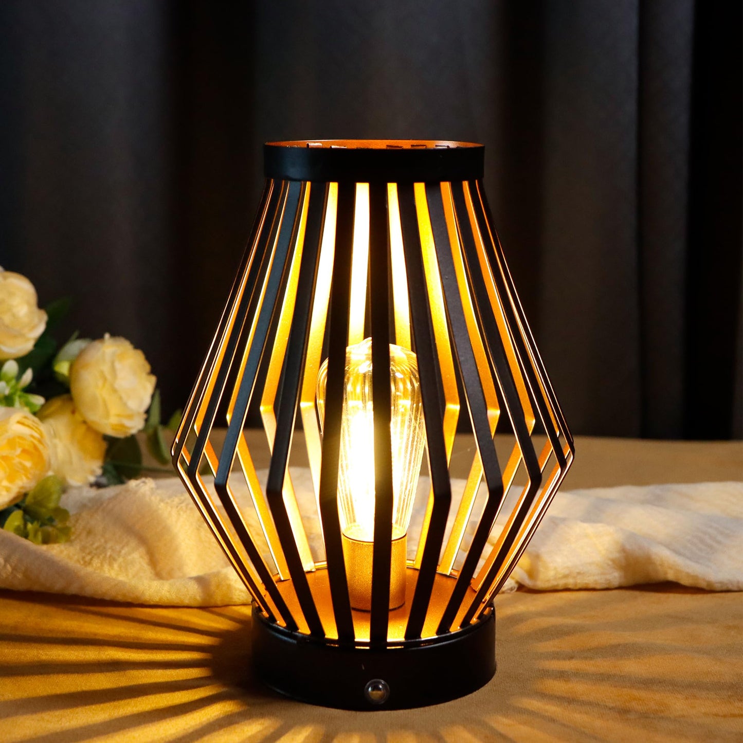 JHY DESIGN Dimmable Touch Bedside Table Lamp 8.5''H Rechargeable Metal Cage Lantern with LED Edison Style Bulb Cordless Accent Lamp for Weddings Parties Patio Events for Indoors Outdoors