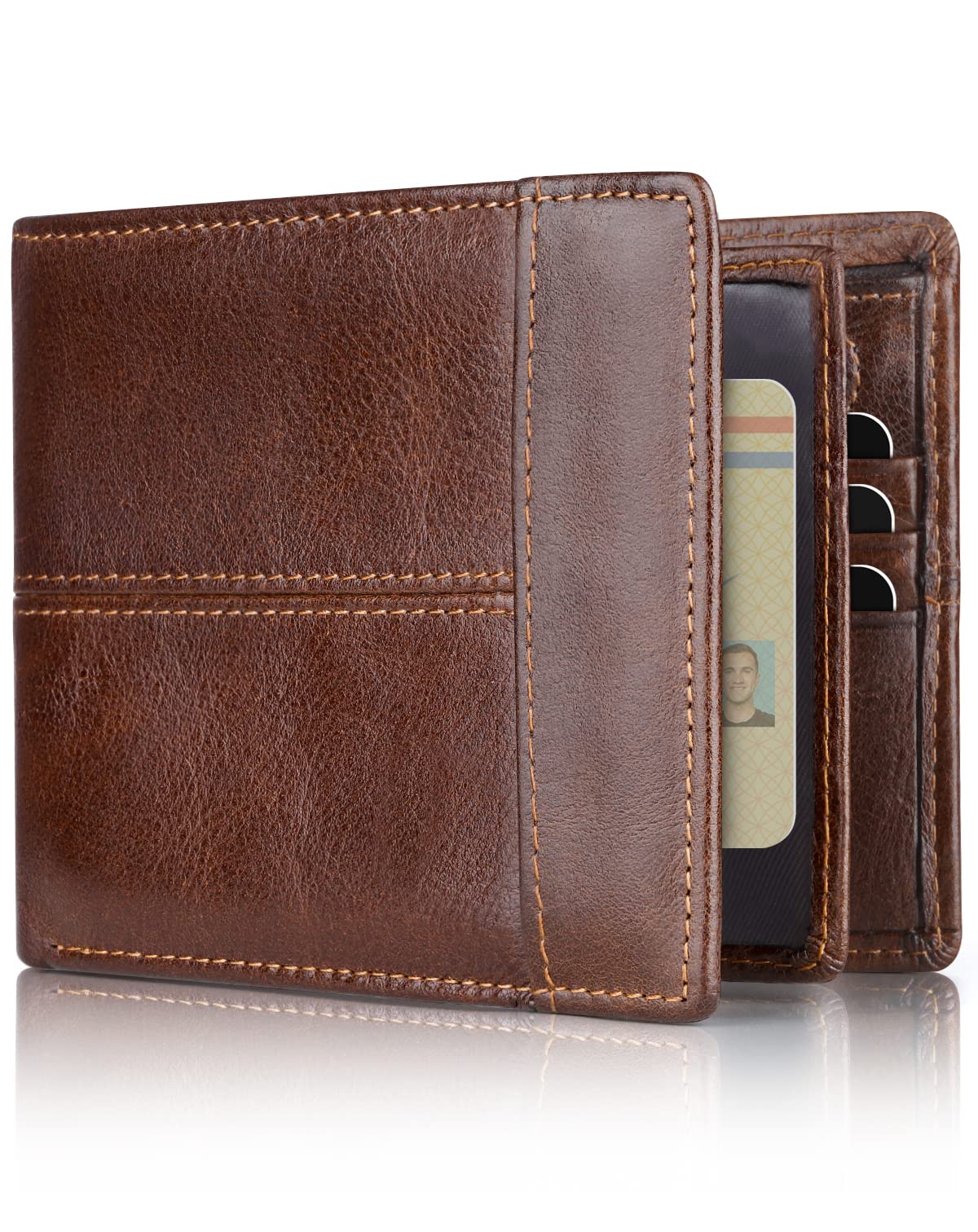 Swallowmall Leather Wallet for Mens Genuine Leather RFID Blocking Bifold Wallets with 1 ID Window 15 Card Slots