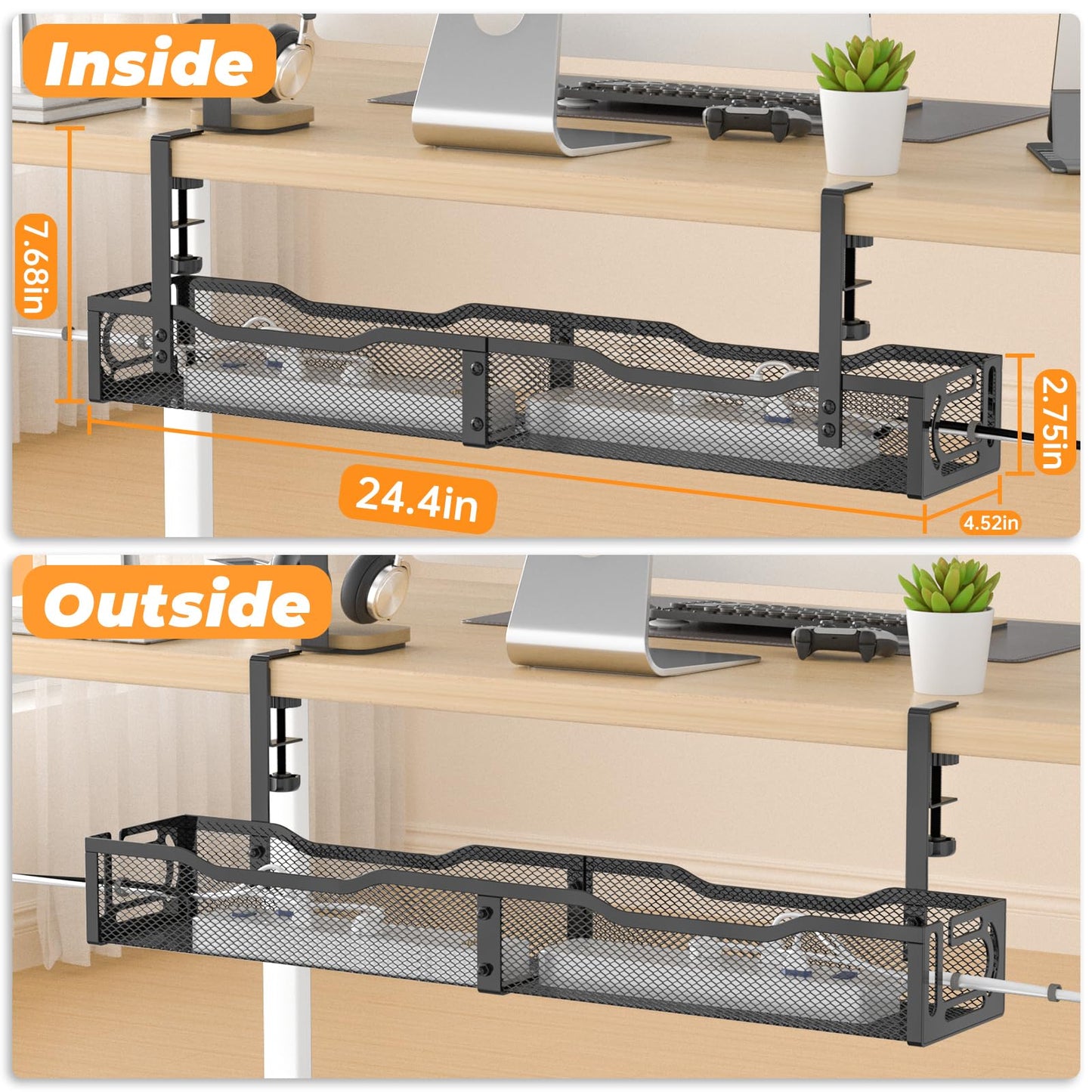 Under Desk Cable Management Tray, No Drill Steel Desk Cable Organizers, Wire Management Tray Cable Management Rack (24.4" Length-Black)
