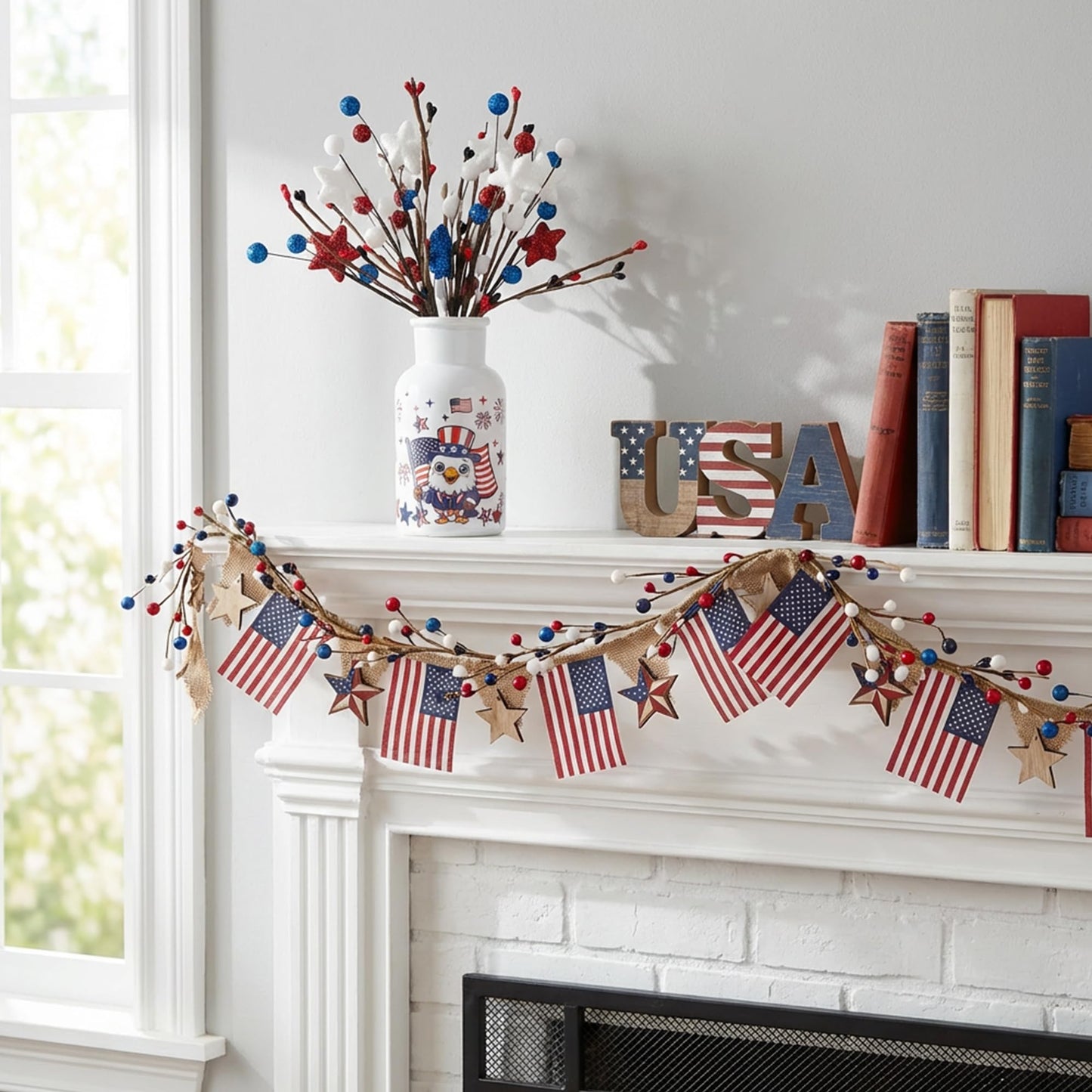 Watayo 2 Set Patriotic Artificial Flower Stems with Glass Vase, 4th of July Artificial Berry Stem Picks, Faux Red White Blue Branches Table Centerpiece for Independence Memorial Day Home Decor