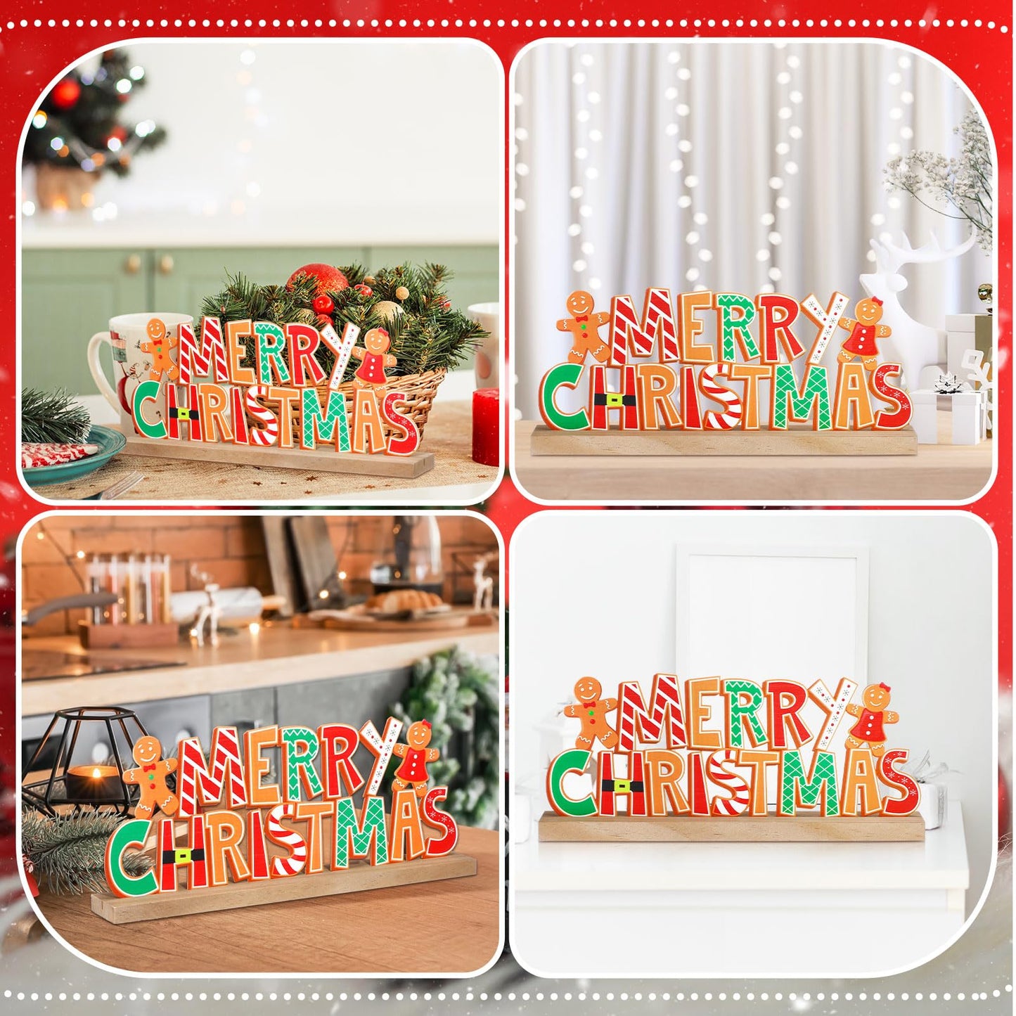 Realspring Gingerbread Man Metal Sign Gingerbread Christmas Table Decoration Xmas Tiered Tray Decor Freestanding Metal Word Sign with Wooden Base for Xmas Home Tabletop Centerpiece Mantel Fireplace