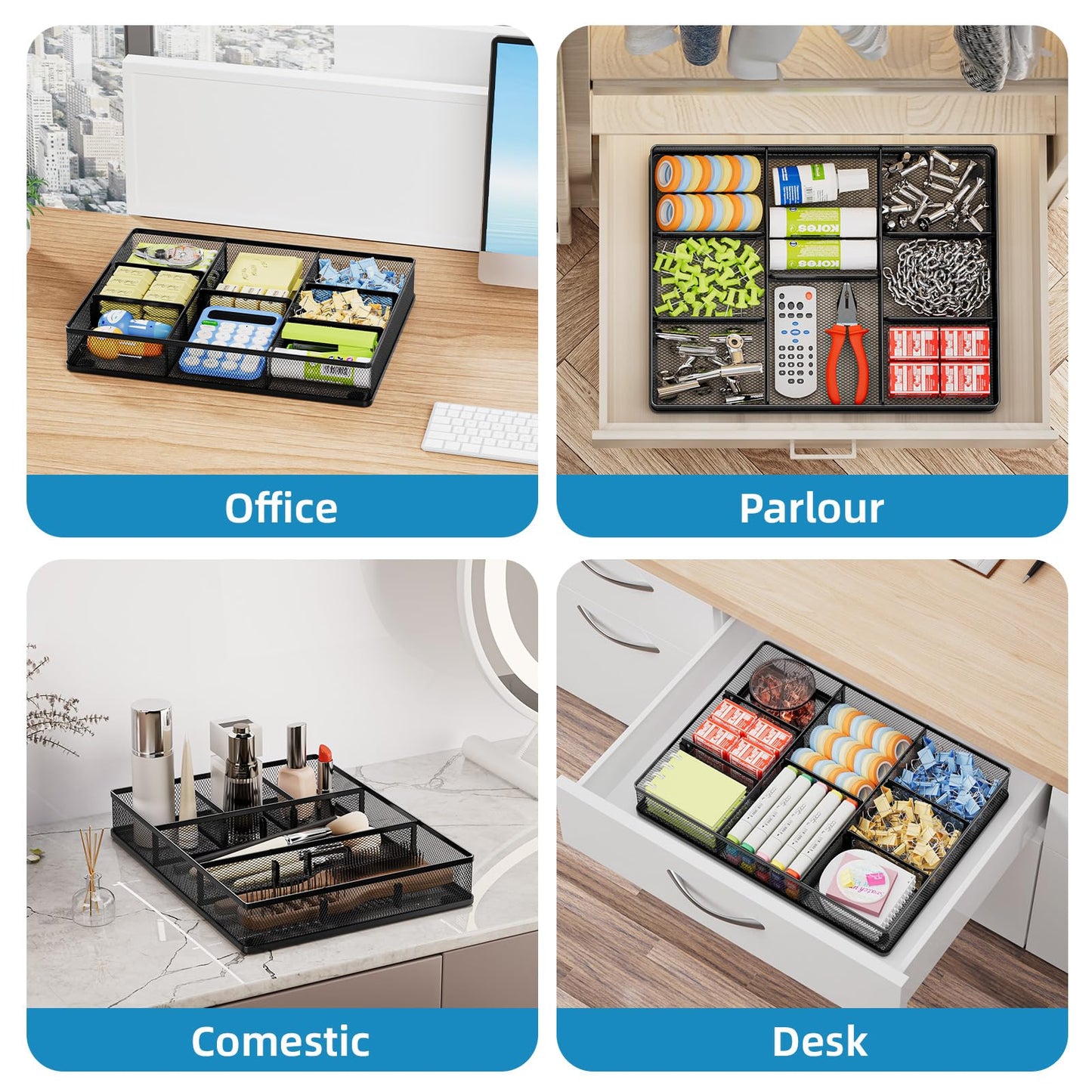 Marbrasse Desk Drawer Organizer, Metal Mesh Drawer Organizer Tray with 5 Adjustable Compartments,Desk Organizers and Accessories for Home,Office,Kitchen,Makeup,Vanity (Black)