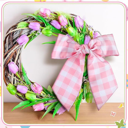 Wreath Sash for Front Door Wreath Satin Sash Blank Sashes Embroidery Monogram Yard Doorway Indoor Outdoor Wall Ribbon Bow Home Decor(Pink, White,Spring Buffalo Plaid)
