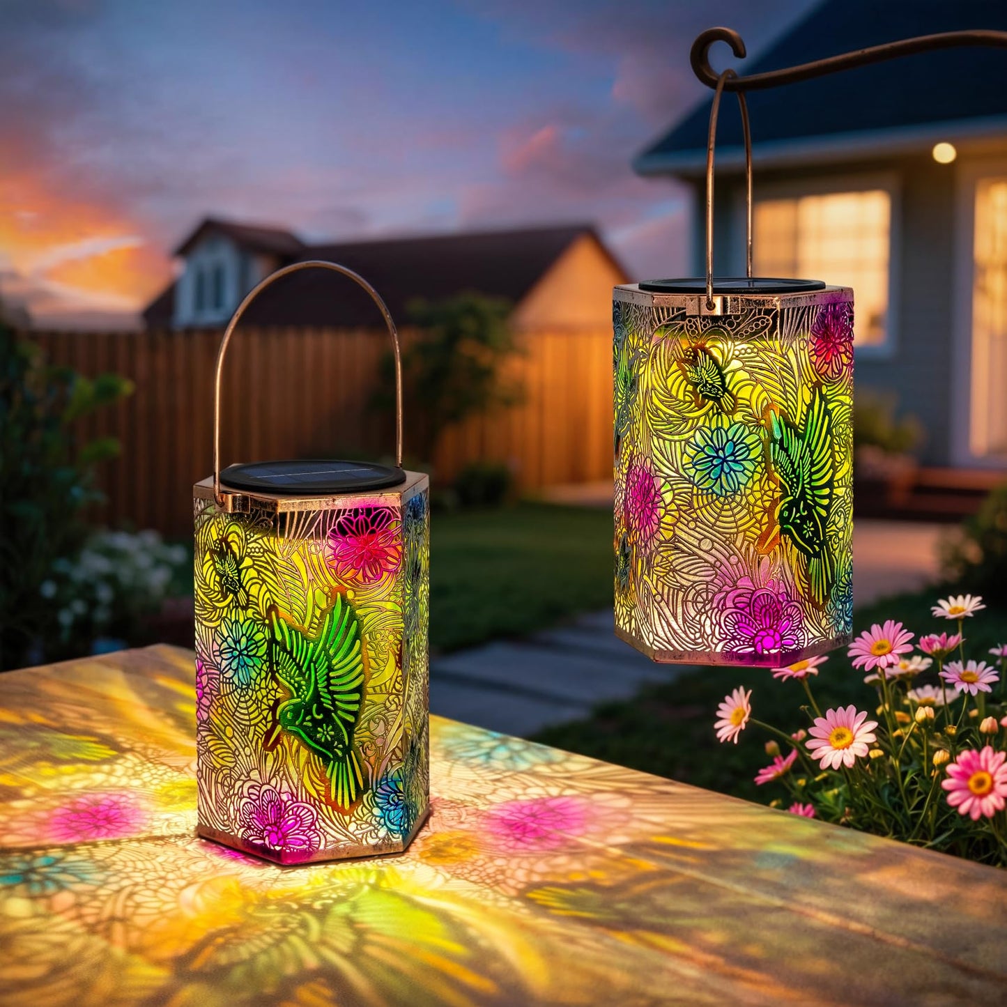 2Pack Solar Outdoor Hummingbird Lanterns Waterproof, Homeimpro Multicolor Solar Garden Lanterns, Mother's Day Christmas Garden Gifts for Mom Women, Backyard Ornaments