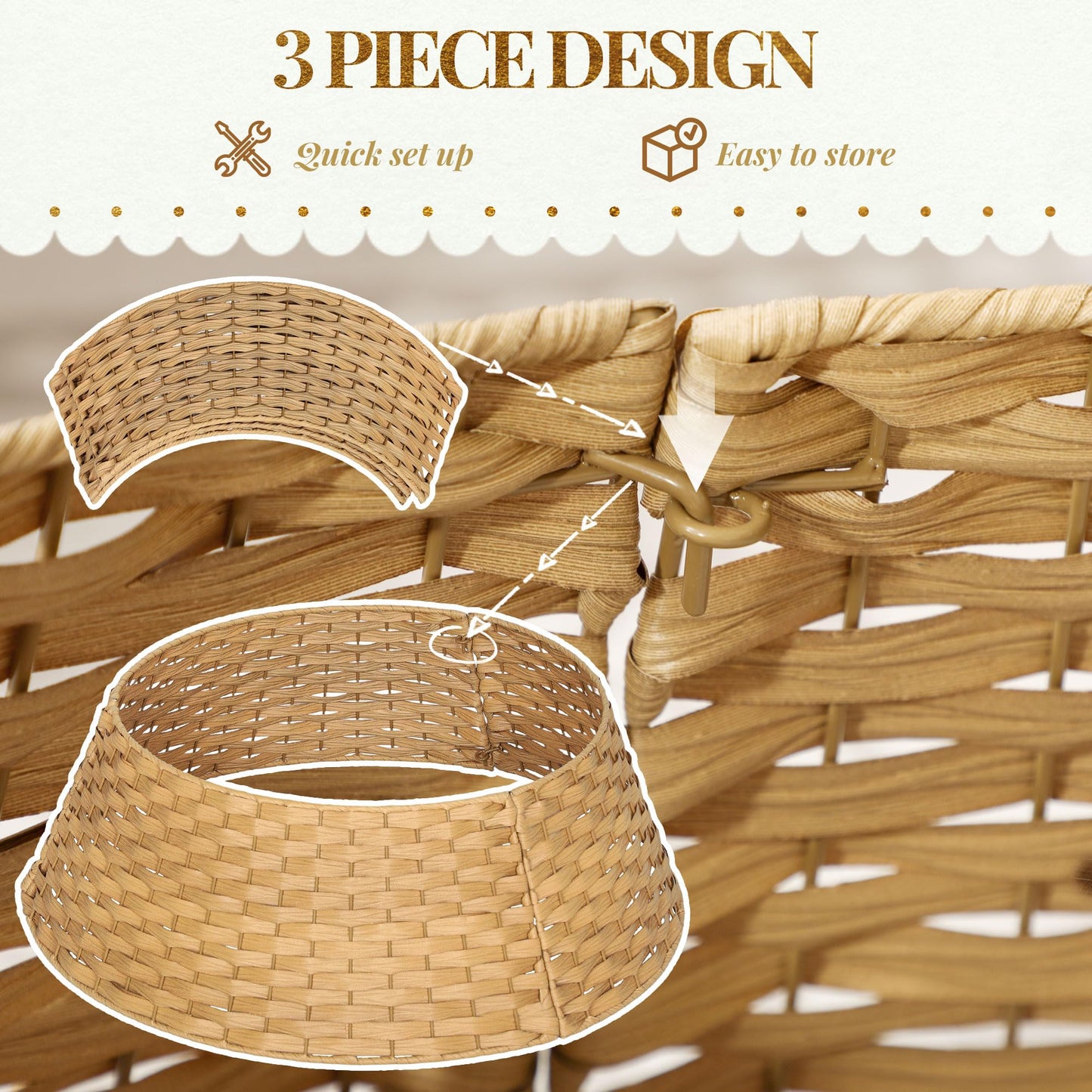HOMCOM 27 inch Rustic Christmas Tree Collar, Plastic Woven Christmas Tree Skirt, Base Cover for Party, Holiday, Home Decoration, Natural