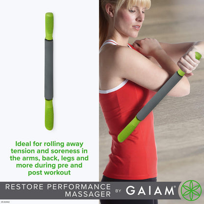 Gaiam Restore Massage Stick Roller - (Dimensions: 19"L) Foam Cushioned Performance Hand Held Muscle Massager | Comfort Grip Handles | Solid Steel Construction