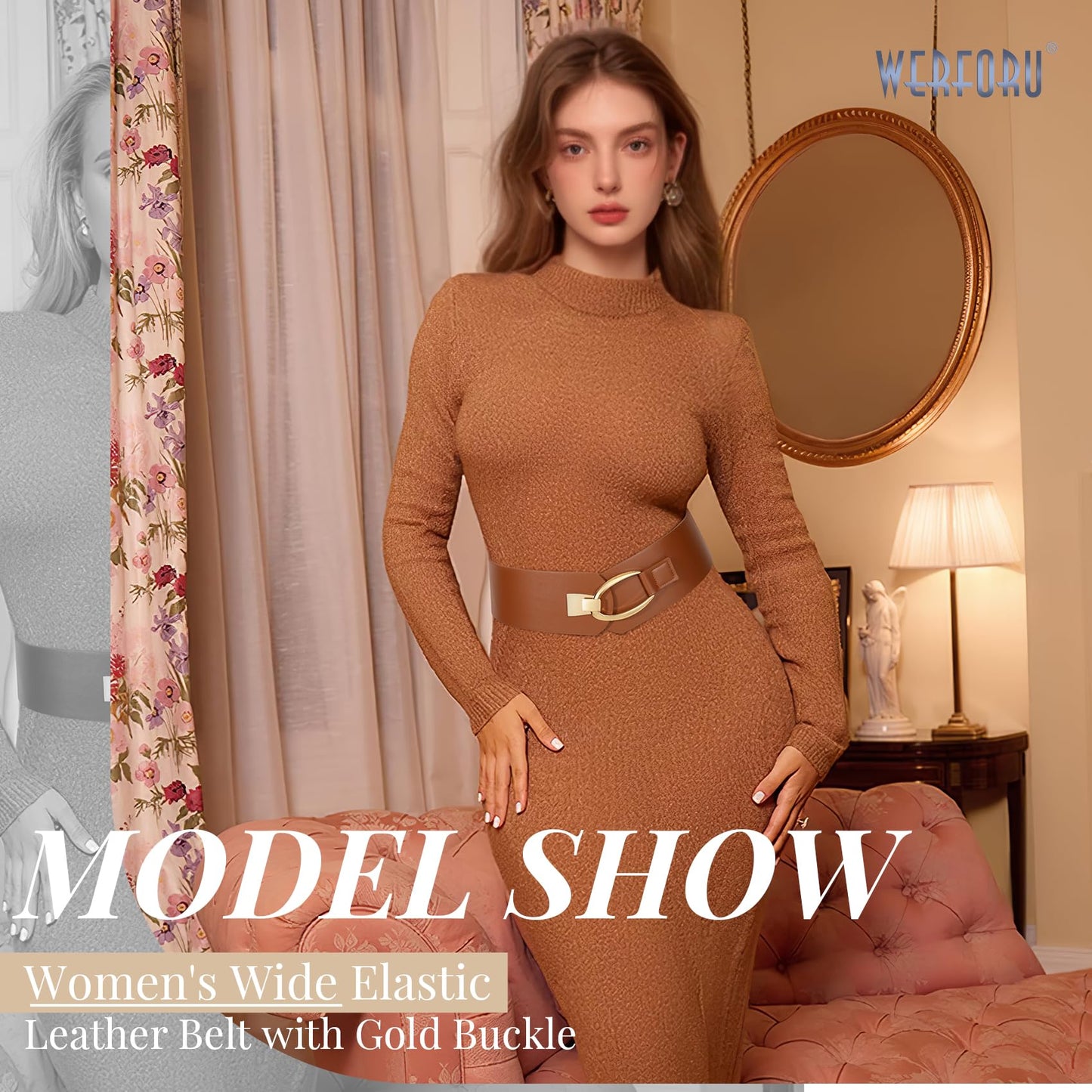 WERFORU Women Wide Elastic Belt Women Fashion Wide Belt with Gold Buckle Ladie Thick Waistbelt for Dresses