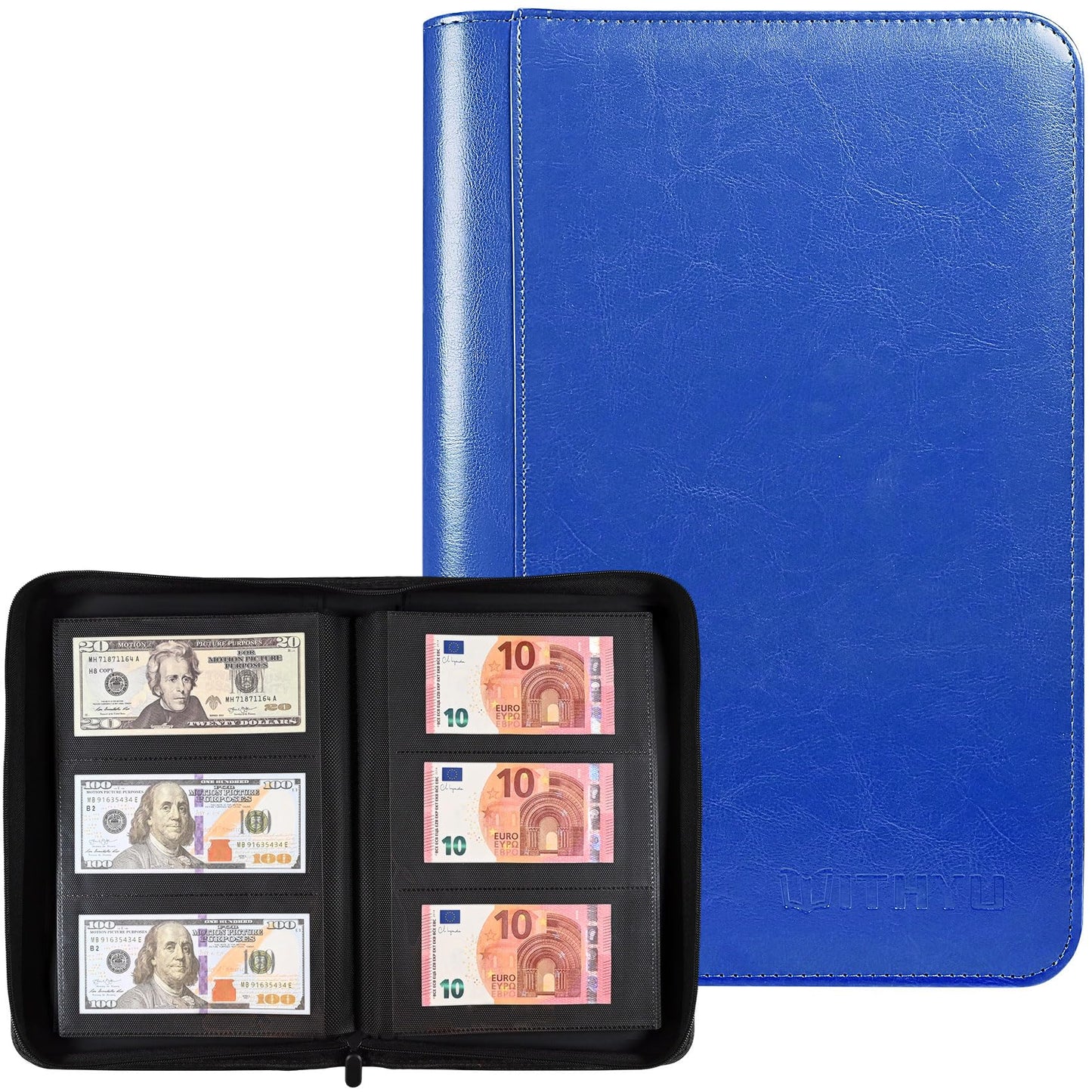Cash Album with 180 Pockets – WITHYU Ringless Banknote Collection Album with Clear Non-PVC Sleeves for Storing Banknotes, Bills, Tickets, and Collectibles (Deep Blue)