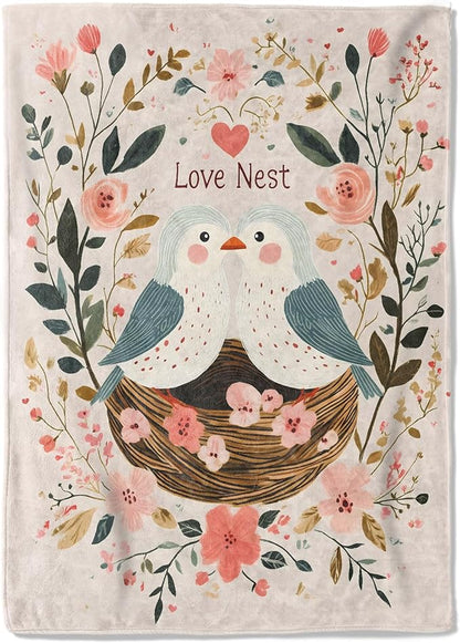 Bird Love Nest Fleece Blanket - 60x80in Cute Two Birds Flower Romantic Throw Blankets,Soft Cozy Lightweight, Ideal for Bed Living Room Home Whimsical Decor and Girls Women Gifts