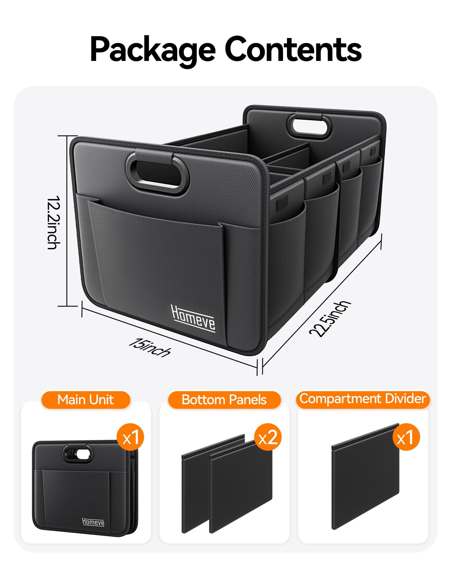 Homeve Trunk Organizer, Car Storage, Reinforced Handles, Collapsible Multi-Compartment, Foldable, Waterproof, Sturdy, 600D Oxford Polyester For Car, SUV, Mini-Van, Black, 2 Compart