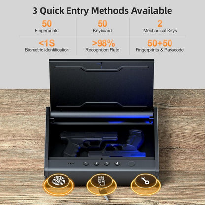 Biometric Gun Safe for Handgun - Quick Access Pistol Safe with Fingerprint & Voice Navigation | Interior Light, Mute Mode, Steel Cable Included
