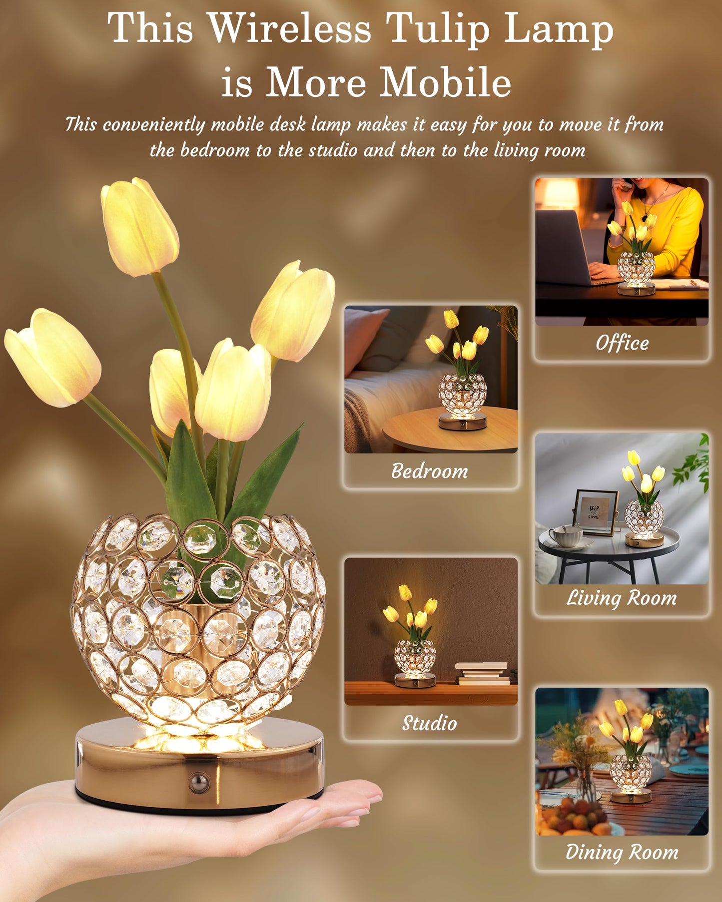 Cordless Tulip Flower Lamp, Adjutable Touch Dimming Crystal Night Light with Artificial Tulip Flower, Rechargeable LED Flower with Vase Lamp Romantic Decor for Bedside Nightstand, Gift for Mother