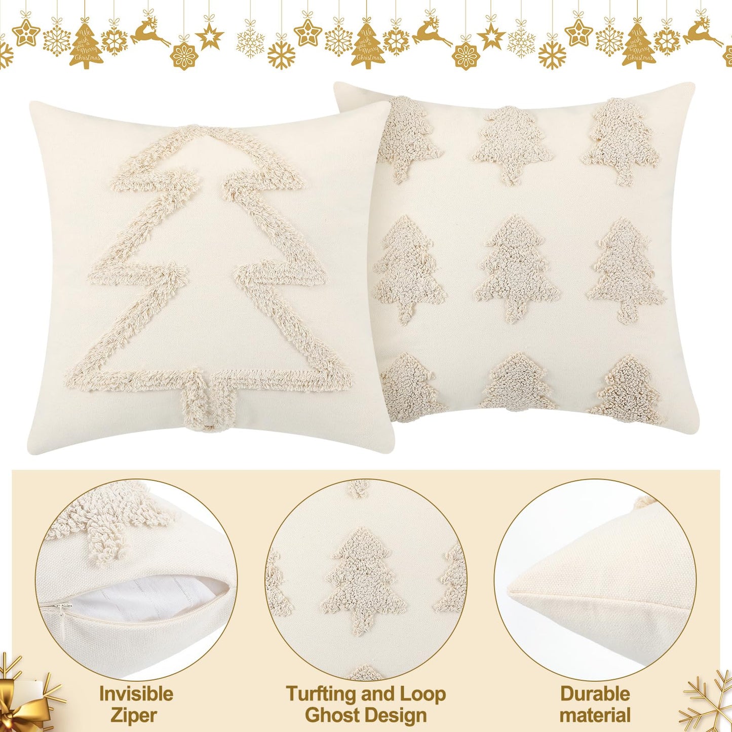 Beeveer 2 Pcs Beige Christmas Pillow Covers 18 x 18 Inch Decorative Boho Farmhouse Pillowcase White Tufted Tree Christmas Pillow Cases for Couch Sofa Holiday Bedroom Living Room Home Present