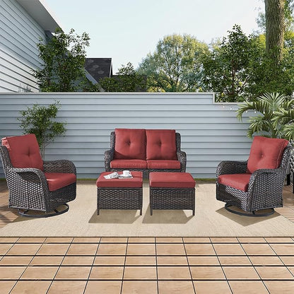 Rilyson Wicker Patio Furniture Set - 5 Piece Rattan Outdoor Sectional Conversation Sets with 2 Rocking Swivel Chairs,2 Ottomans and 1 Loveseat for Porch Deck Garden(Brown/Red)