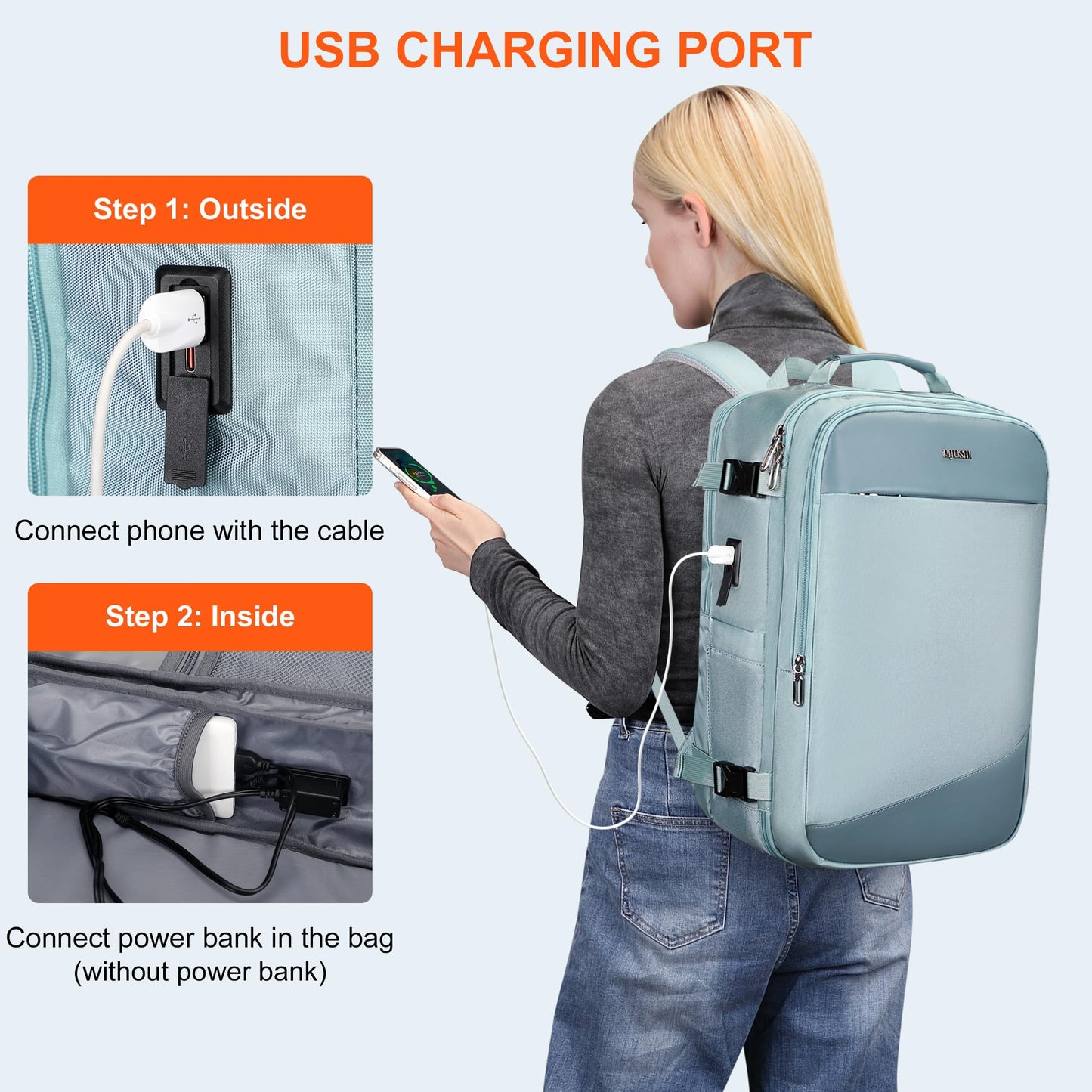 PIJUSHI Travel Backpack for Women Carry on Suitcase Backpack Flight Approved Personal Item Bag Fits 16 Inch Laptop(PE035 Blue)