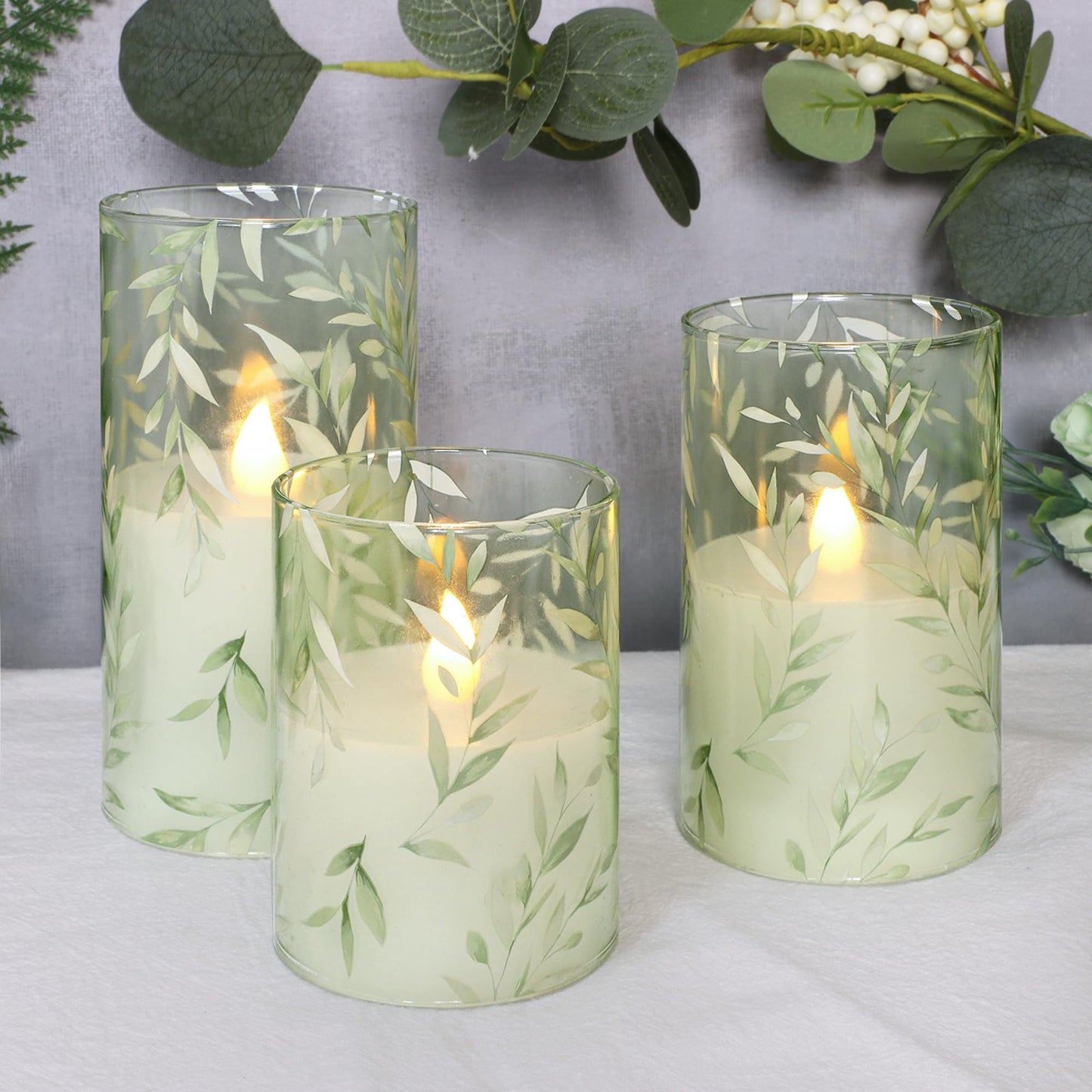 Crystal Club Glass Flameless Candles with Remote Timer, Battery Operated Flickering LED Pillar Candles, Green Willow Leaves Design for Wedding Holiday Home Decor