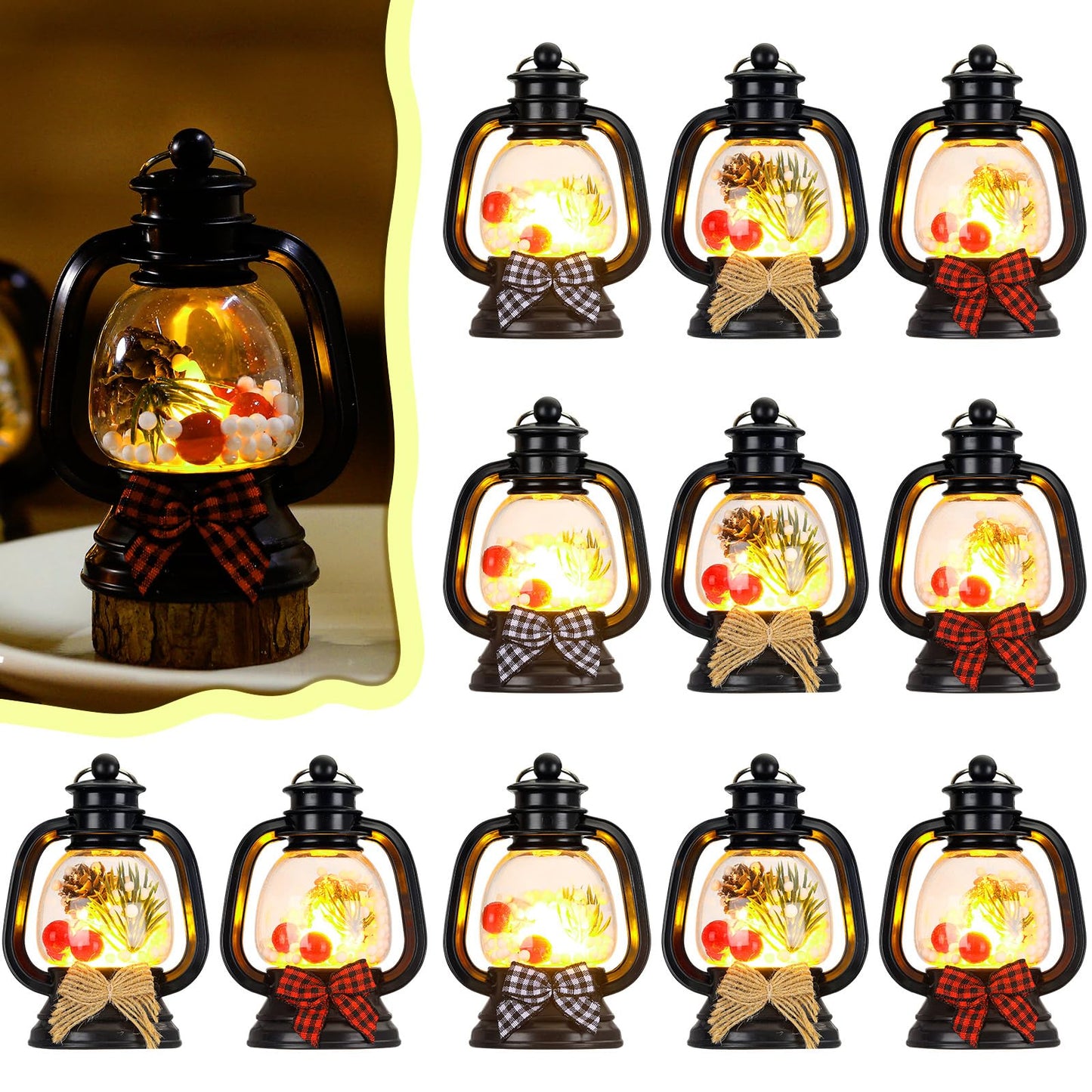 ROCEEI 12 Pcs Mini Christmas Lantern with Pine Cones, Berries, Pine Branches Flickering LED Candles Vintage Christmas Lantern with Bow Tie Ornament Hanging Candle Lantern Table Centerpiece for Xmas