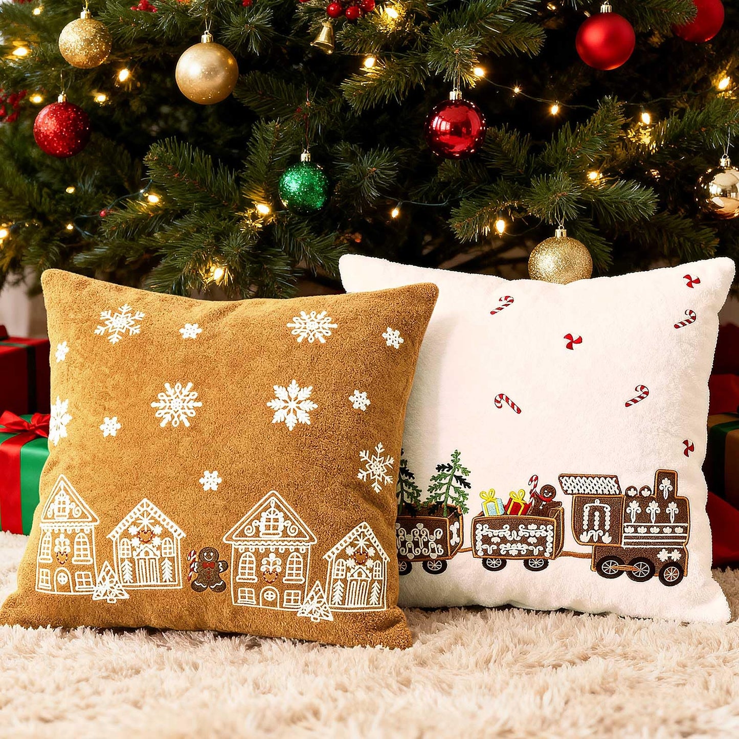 Lanpn 16x16 Christmas Pillow Covers Set of 2, Embroidery Gingerbread Man House Decorative Holiday Pillowcase Pillow Case Cushion 16 x 16 for Indoor Home Bedroom Sofa Couch Xmas Decor