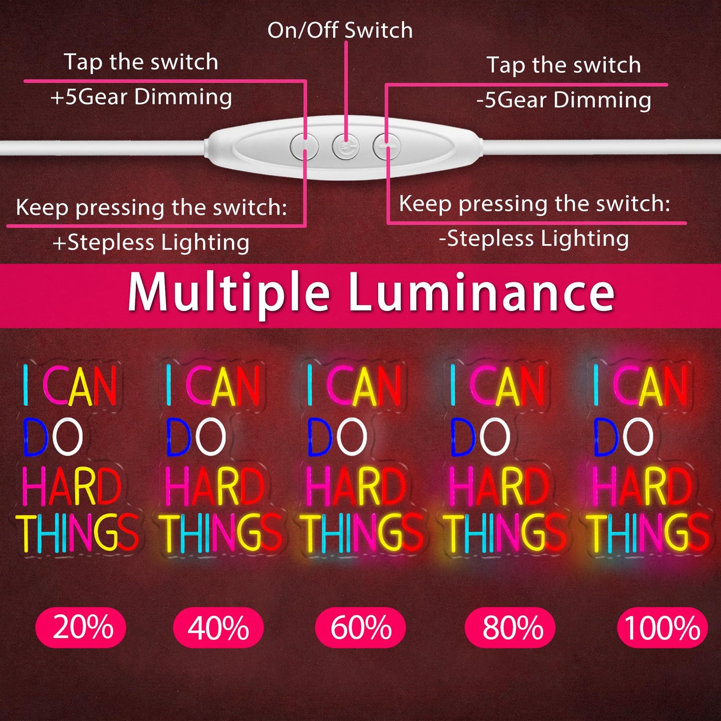 I Can Do Hard Things Neon Sign Dimmable LED USB Powered Neon Light UP for Classroom Wall Decor Art Positive Bedroom Library Study Room Home for Student Kid Teen Birthday Party Christmas Backdrop Decoration Gift (I Can Do Hard Things)