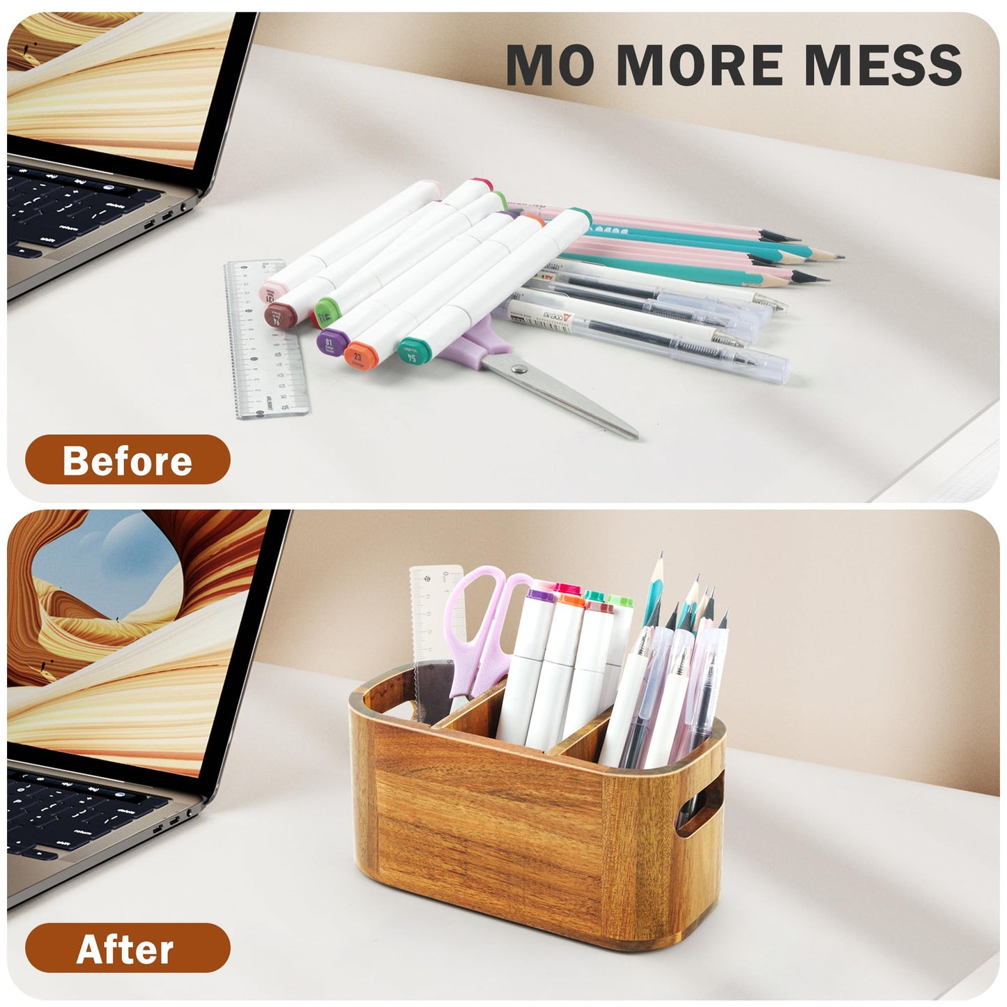 SWKHDKX Acacia Wood Pencil Pen Holder for Desk, Wooden Office Organizer with 3 Slots for Countertop, Makeup Brush Holder Remote Control Organizer for School Home Supplies