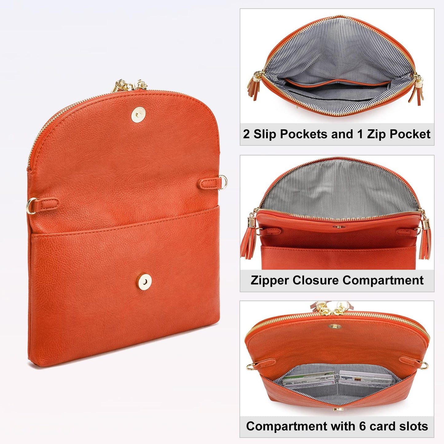 Solene Womens Envelop Clutch Purse Multi Compartments, 6 Card Slot Inside, Crossbody Bag With Tassels (WU075-Burnt Orange)
