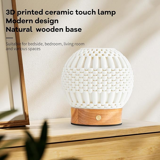 Touch Bedside Table Lamp - 3D Printed Modern Ceramic Lamp for Bedroom, Living Room, Nightstand, Desk, with Wooden Base, 3-Color Dimmable Modes, USB-C Powered (PSL25059)