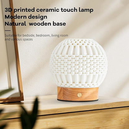 Touch Bedside Table Lamp - 3D Printed Modern Ceramic Lamp for Bedroom, Living Room, Nightstand, Desk, with Wooden Base, 3-Color Dimmable Modes, USB-C Powered (PSL25059)