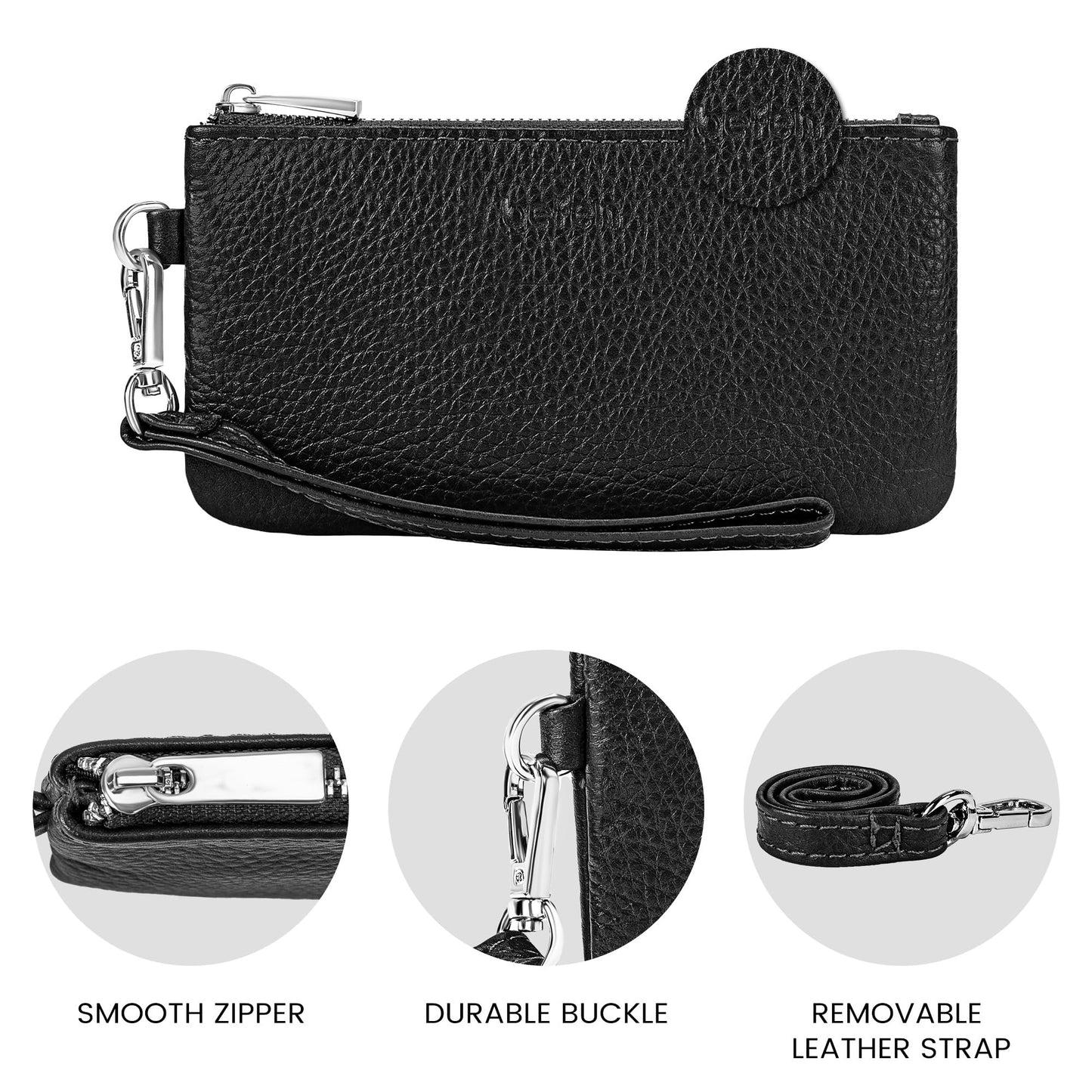 befen Genuine Leather Coin Purse for Women, Small Black Change Purse Womens Small Zipper Wristlet Wallet, Wristlet Money Bag Mini Coin Pouch with Removable Wrist Strap (Lavender)