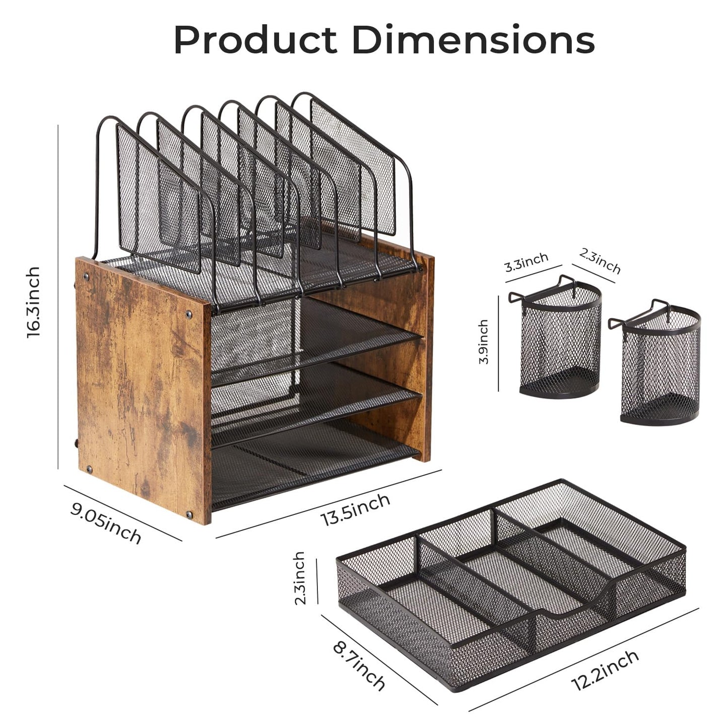 Beramon 4-Tier Desk Organizer with Drawer, Wooden Mesh File Organizer with 5 Vertical Sorters & 2 Pen Holders, Multi-Functional Desktop Organizer for Home, Office & School
