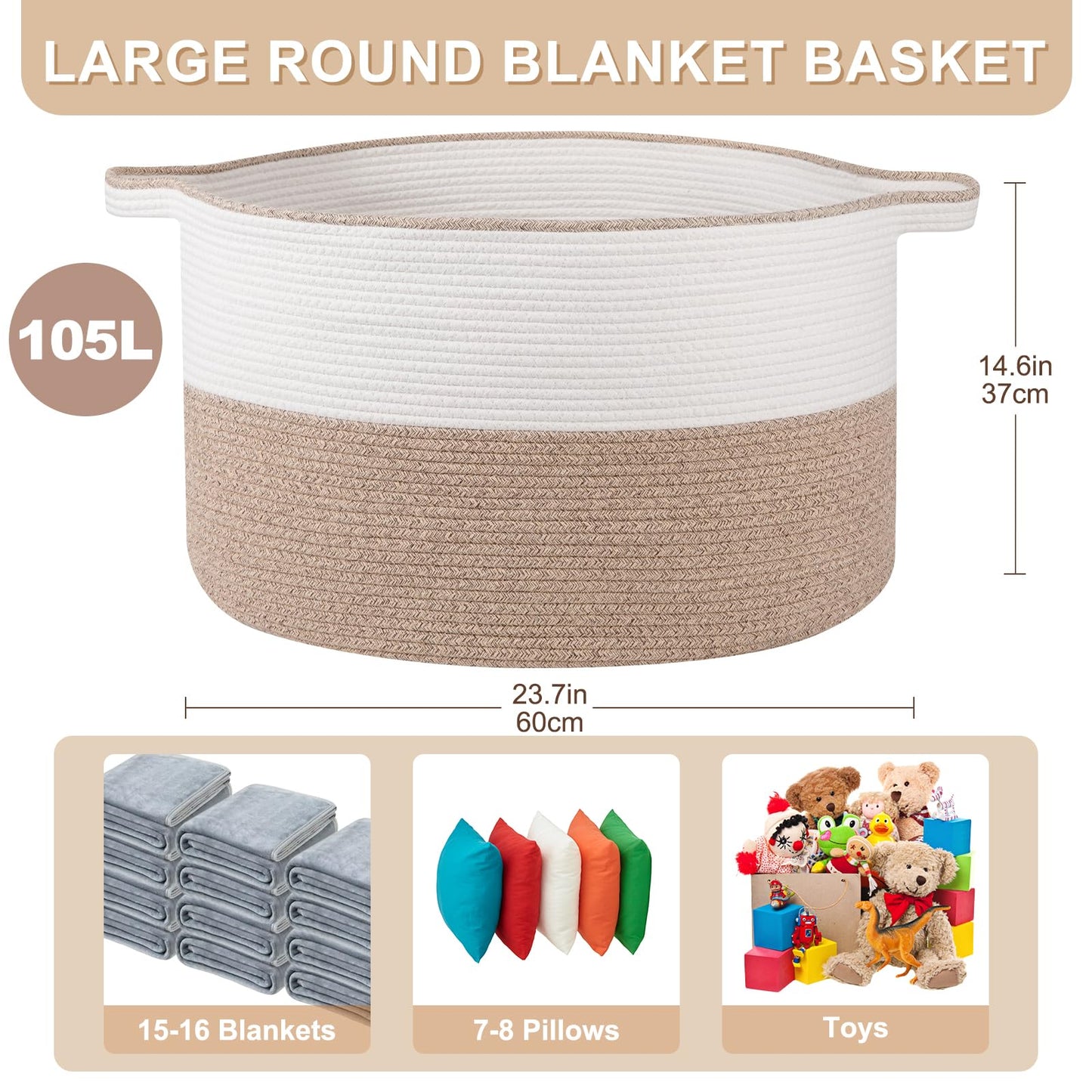 OIASKET XXL Large Blanket Basket with Handles, 105L Woven Storage Basket for Living Room, Cotton Rope Baby Toy Storage for Clothes, Pillows, Towels-Brown & White