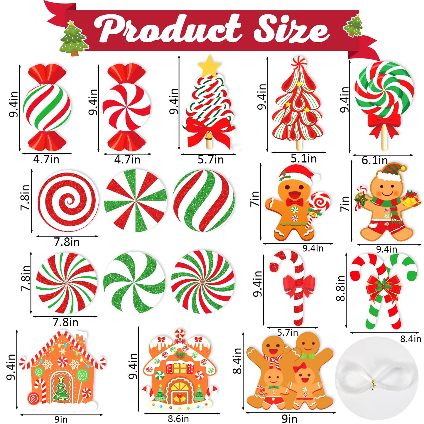 18pcs Large Candy Gingerbread Christmas Decorations Outdoor Hanging Yard Candy Gingerbread Men House Christmas Ornaments Thick Plastic for Yard Porch Christmas Tree Decorations