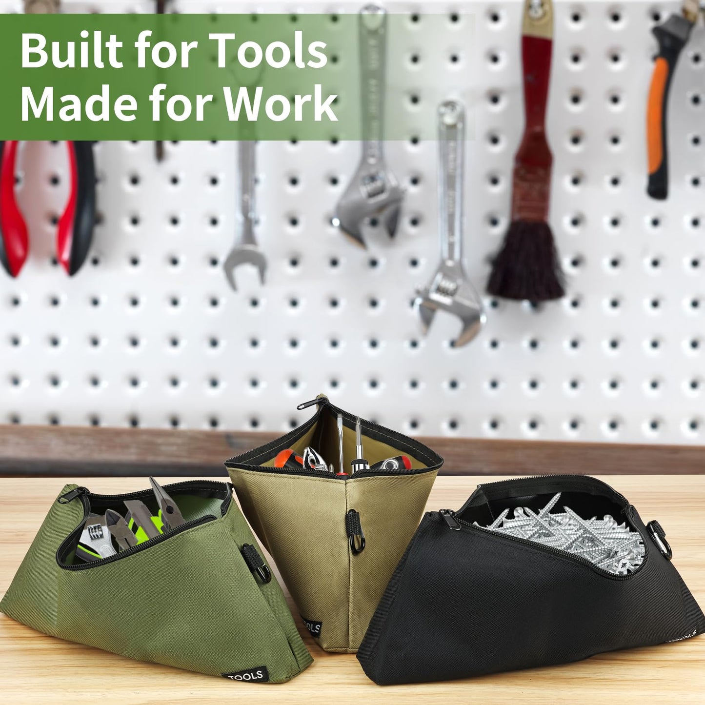 3 Pack Premium Tool Pouches Zipper Bag, 12 in Small Tools Bags with Carabiner, Heavy Duty Flat Bottom Utility Multipurpose Storage Organizer Bag for Tool, Stationary, Pencil (Tan, Navy Green, Black)