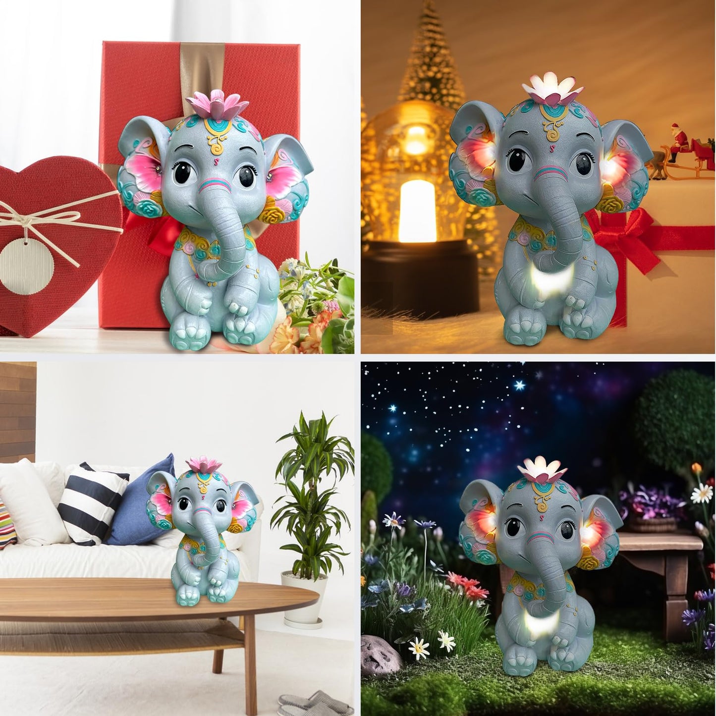 Sgreatiny Solar Garden Elephant Statue with 4 LED Lights
