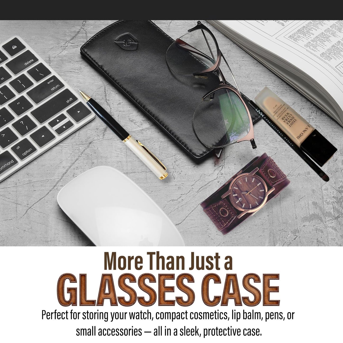 ALLEN & MATE 100% Leather Slim Glasses Case for Reading and Computer Glasses for Men & Women - Premium Black