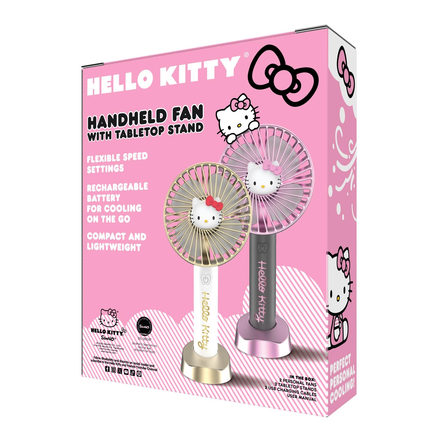 Hello Kitty 2-Pack Handheld Fan with Tabletop Stand - Multi-Speed Settings, Rechargeable Battery, Portable and Compact Design - Ideal for Home, Office, and Outdoor Use - Includes USB Charging Cable