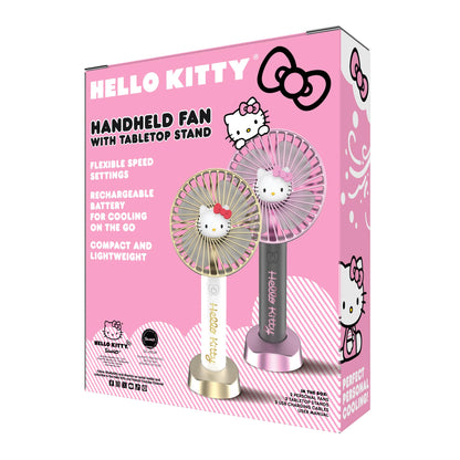 Hello Kitty 2-Pack Handheld Fan with Tabletop Stand - Multi-Speed Settings, Rechargeable Battery, Portable and Compact Design - Ideal for Home, Office, and Outdoor Use - Includes USB Charging Cable