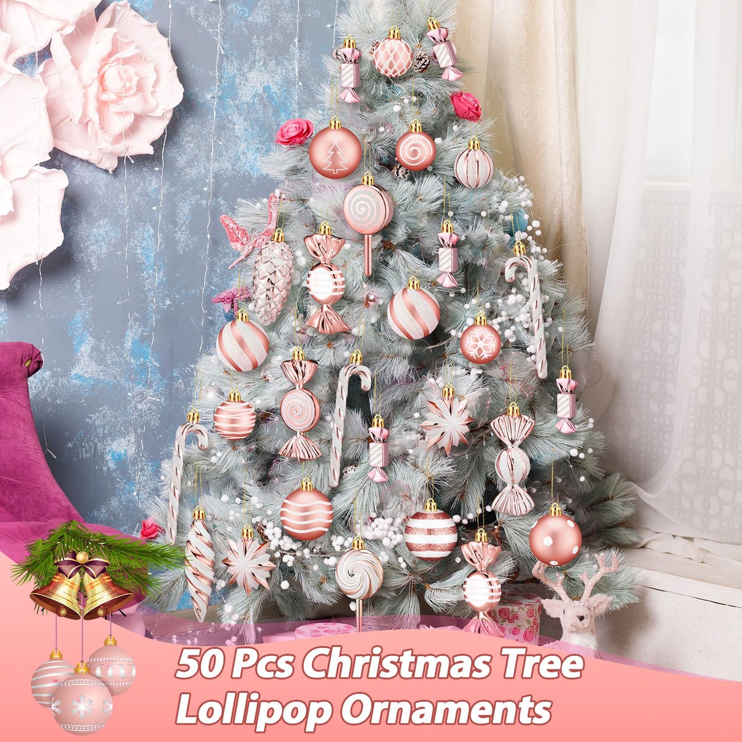 Knitgrip 50 Pcs Christmas Candy Cane Lollipop Ornaments Christmas Peppermint Candy Tree Balls Decorations with Rope Plastic Xmas Hanging Ornaments for Party Decor(Pink)