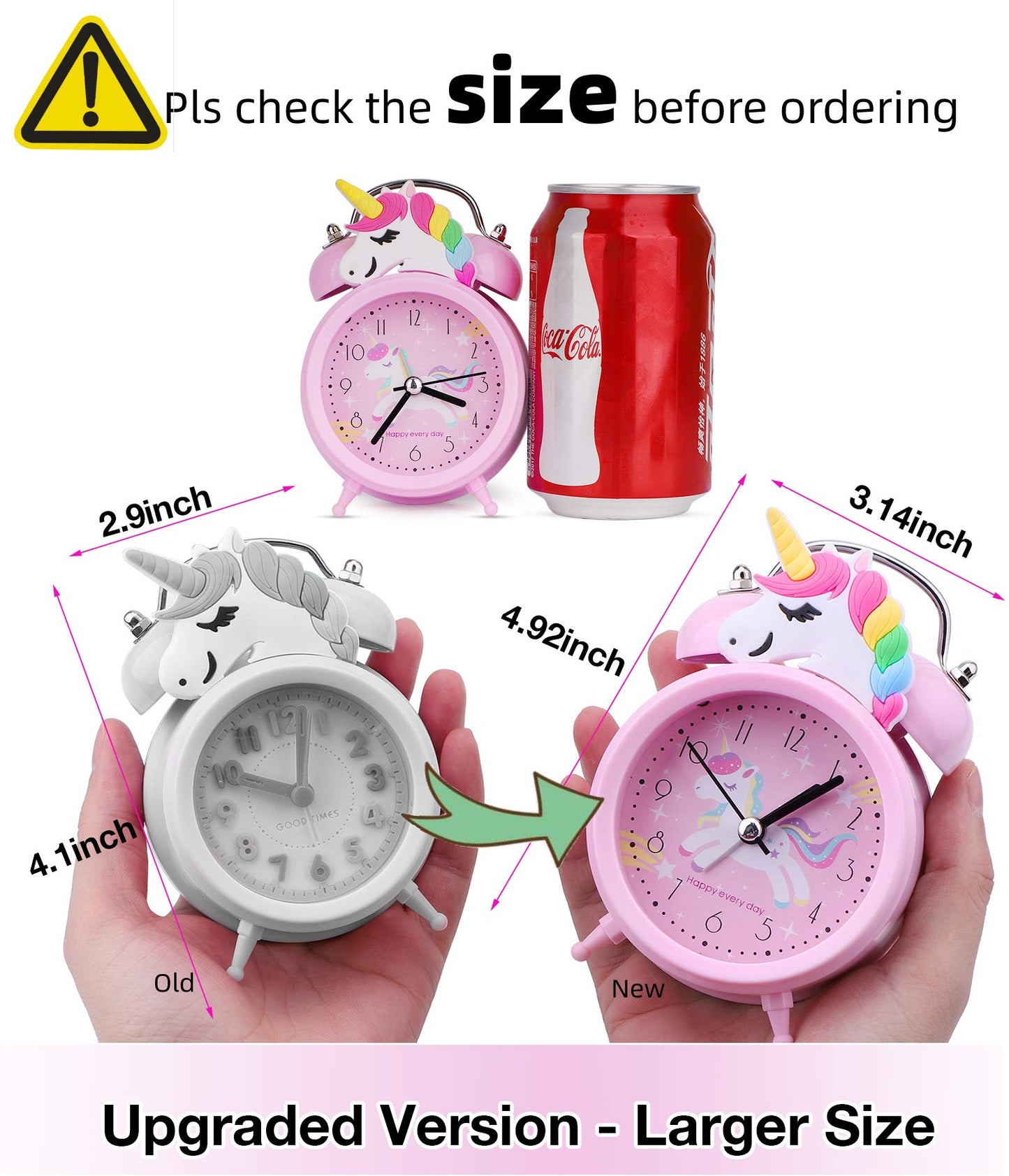 TCJJ Unicorn Alarm Clock for Girls Kids, Cute Bedroom Decoration, Non Ticking Silent Second Hand, w/Backlight Super Loud Twin Bell, for Kids Unicorn Gifts (Pink)