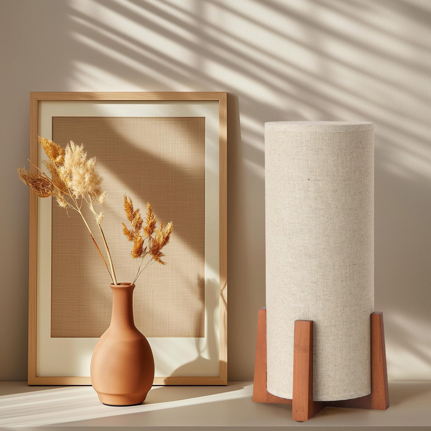 Fengarolam Modern Small Table Lamps, Nightstand Lamp with Linen Fabric Shade, 13.97" Cylinder Wood Base Bedside Table Lamp for Bedroom Office Living Room Home Decor