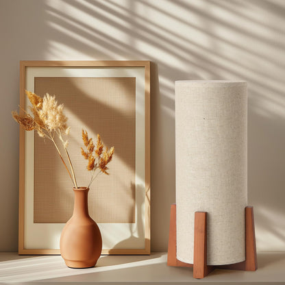 Fengarolam Modern Small Table Lamps, Nightstand Lamp with Linen Fabric Shade, 13.97" Cylinder Wood Base Bedside Table Lamp for Bedroom Office Living Room Home Decor