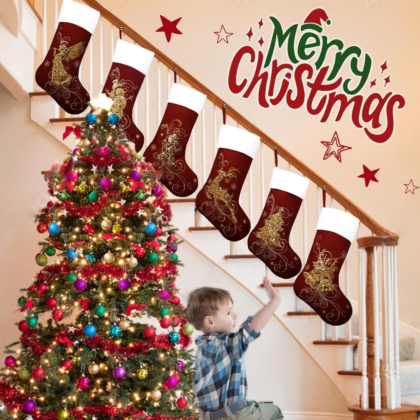 Roycraft Christmas Stockings Set of 6 Velvet Gold 19 inches Red Sequins Christmas Stockings Fireplace Hanging Ornament for Family Decorations Holiday
