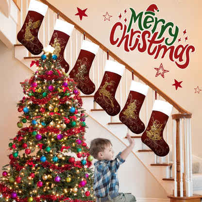 Roycraft Christmas Stockings Set of 6 Velvet Gold 19 inches Red Sequins Christmas Stockings Fireplace Hanging Ornament for Family Decorations Holiday