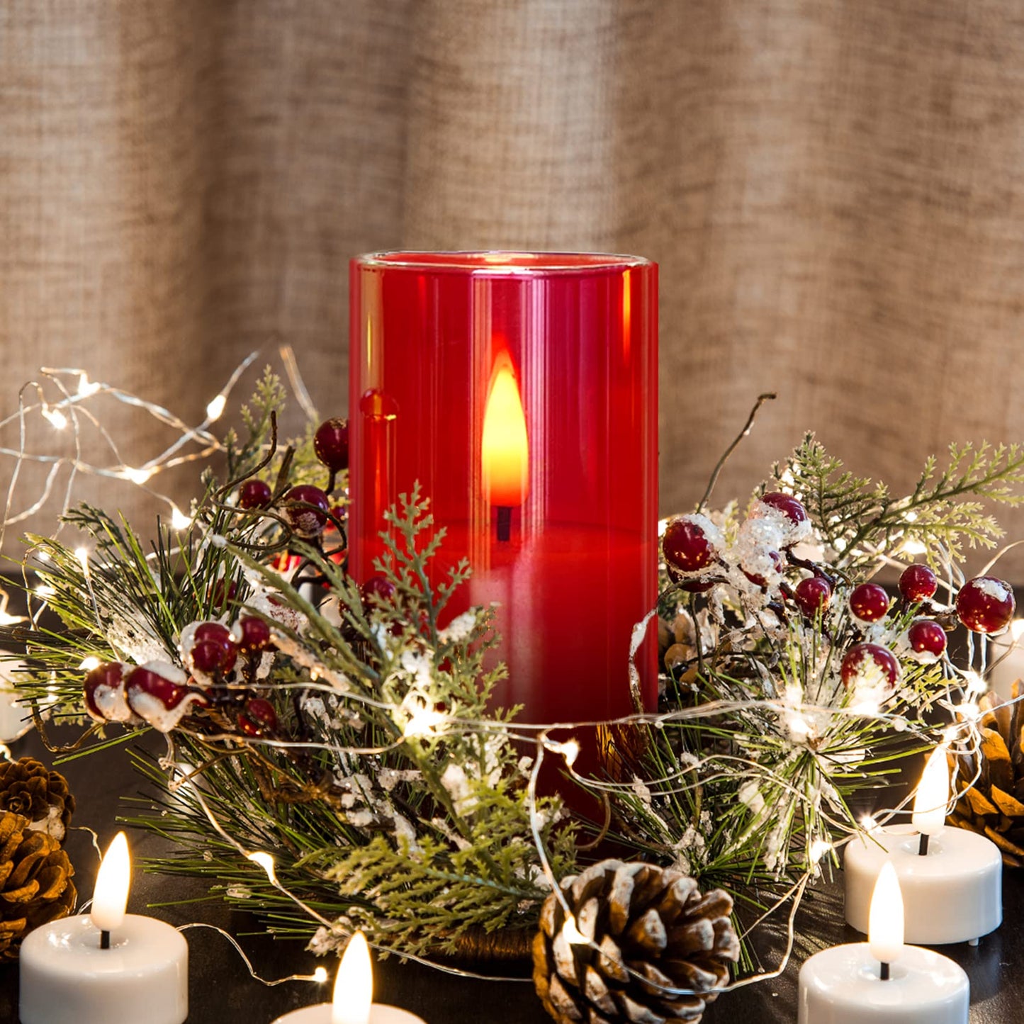 Girimax Red Glass Flameless Candles with Remote Batteries, Flickering Christmas LED Pillar Candles Set of 5