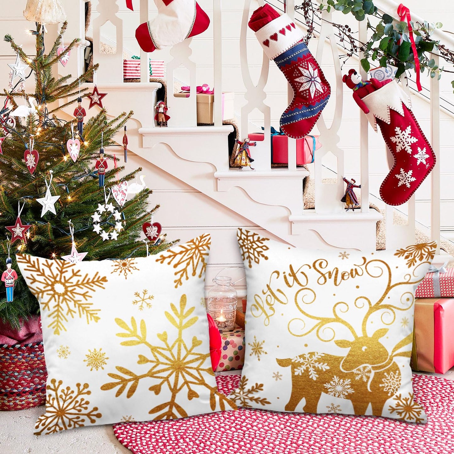 Lanpn White and Gold 18x18 Christmas Pillow Covers Set of 4, Decorative 18 Inch Navy Winter Snowflake Throw Pillow Case Xmas Cushion Cover for Indoor House Sofa Gold